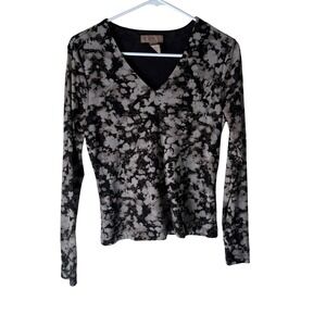 I.e. Petite Y2k Long Sleeve Top Small Black Tan Abstract Print Grunge Whimsigoth